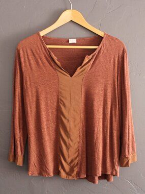 POETRY Rust Brown Linen Top with Silk Front Panel and Cuffs